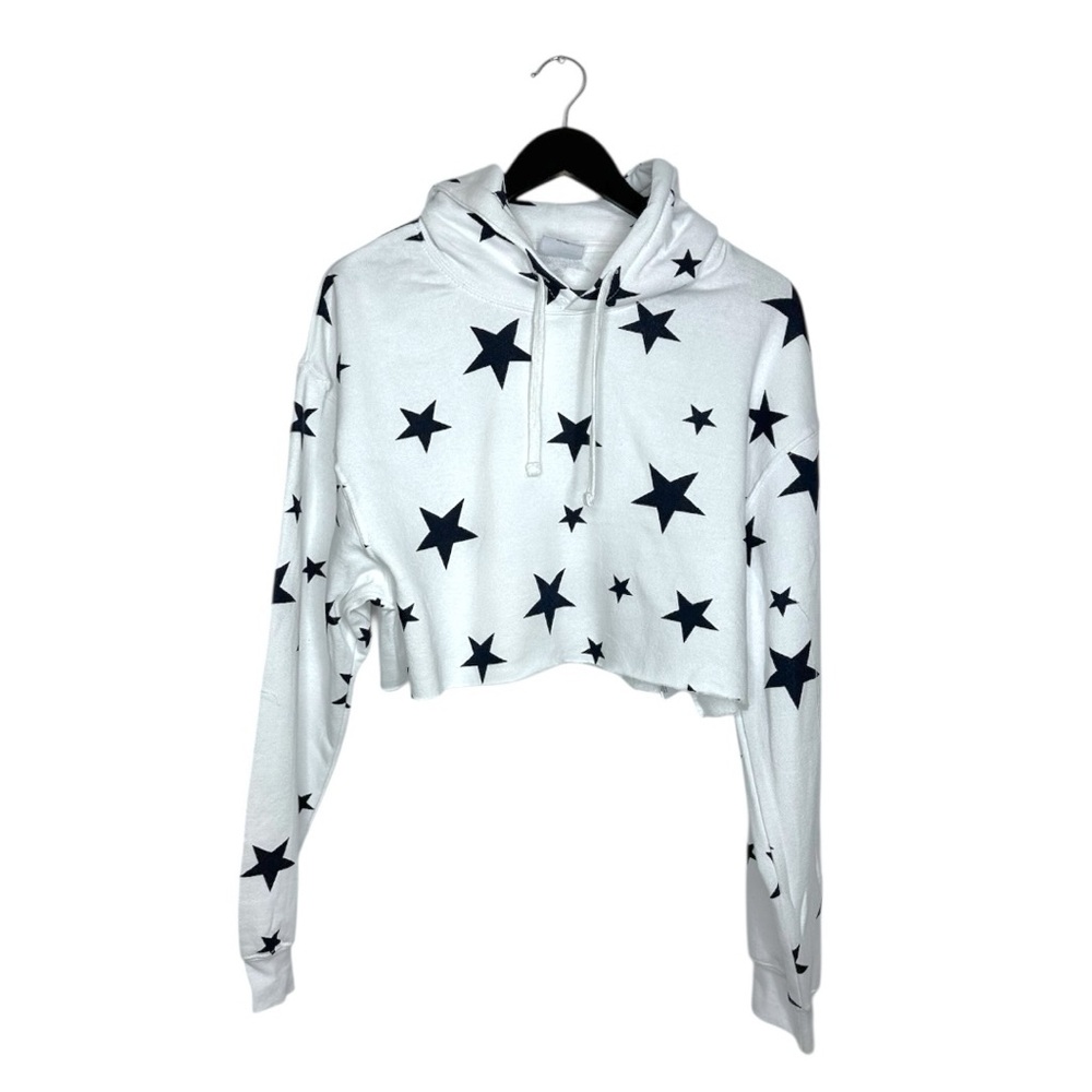 NWT Bloom + Pop White Navy Star Print Cropped Hoodie Sweatshirt Size Large